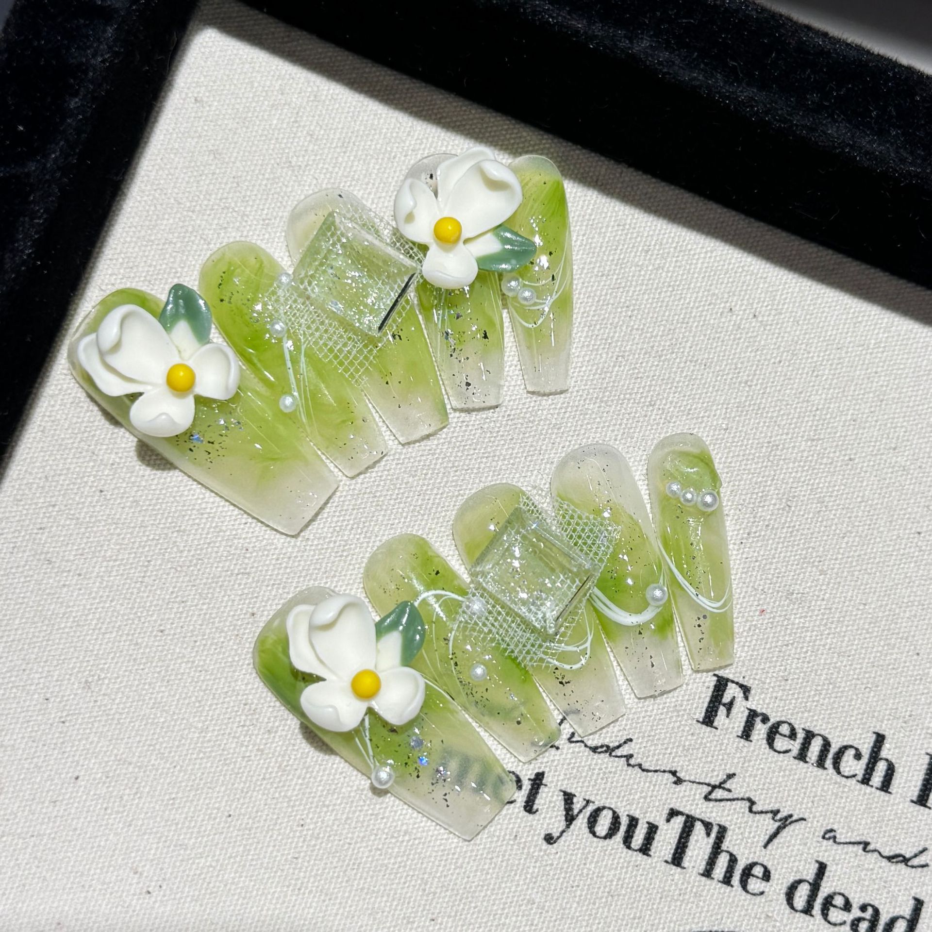 Nail Art Emerald - 10pcs Pure Hand-Pressed Ultra-Long Coffin Nail