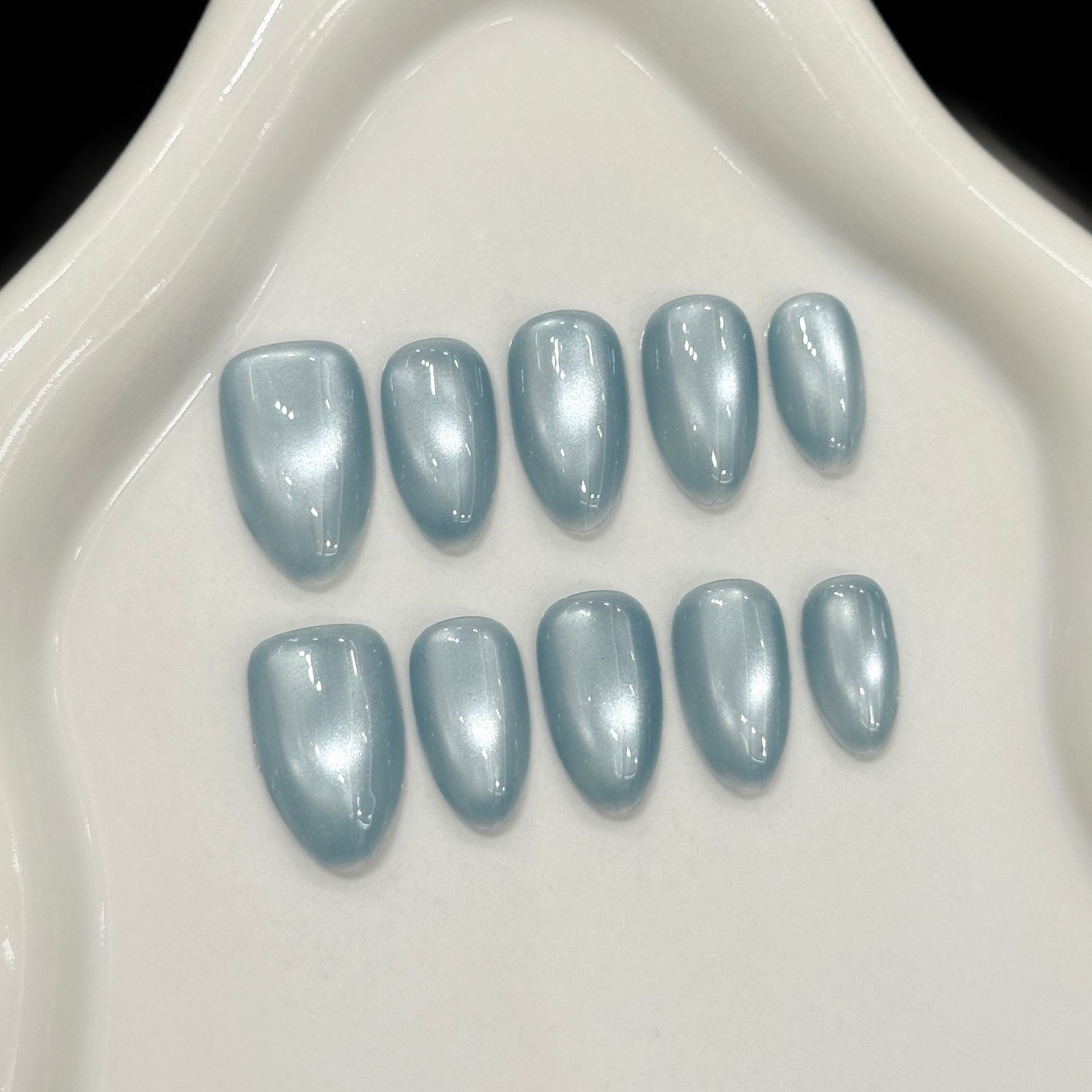 Nail Art Emerald - 10Pcs Blue Cat Eye French Short