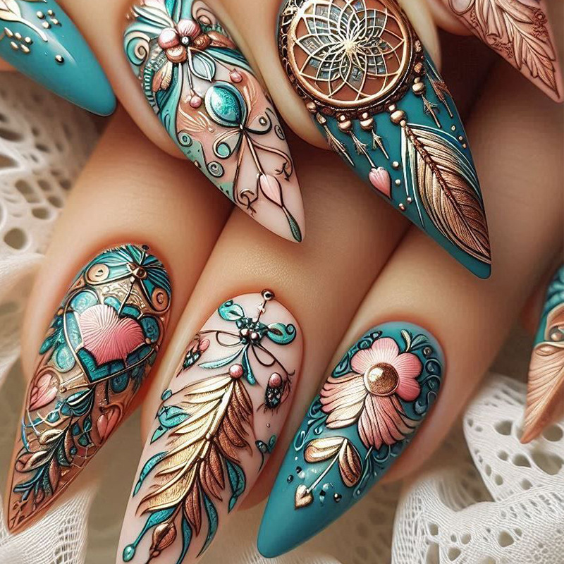 Nail Art Aesthetic - Feather Design Press on False Nail