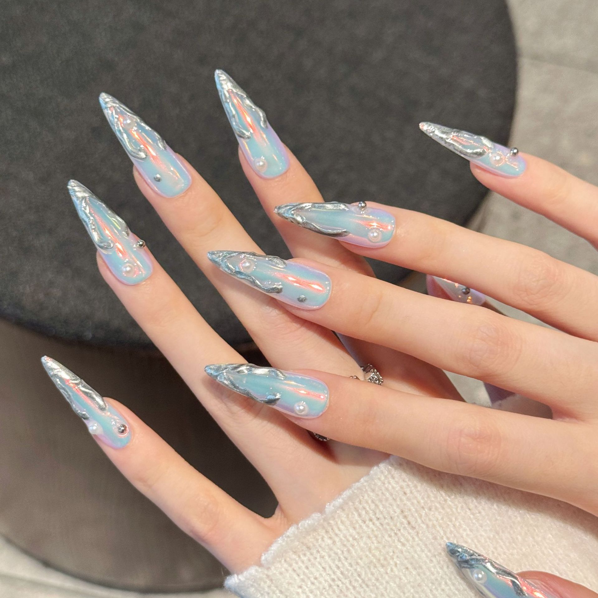 10pcs Silver Aurora Long Stile - Nail Art Aesthetic 리뷰 및 가격