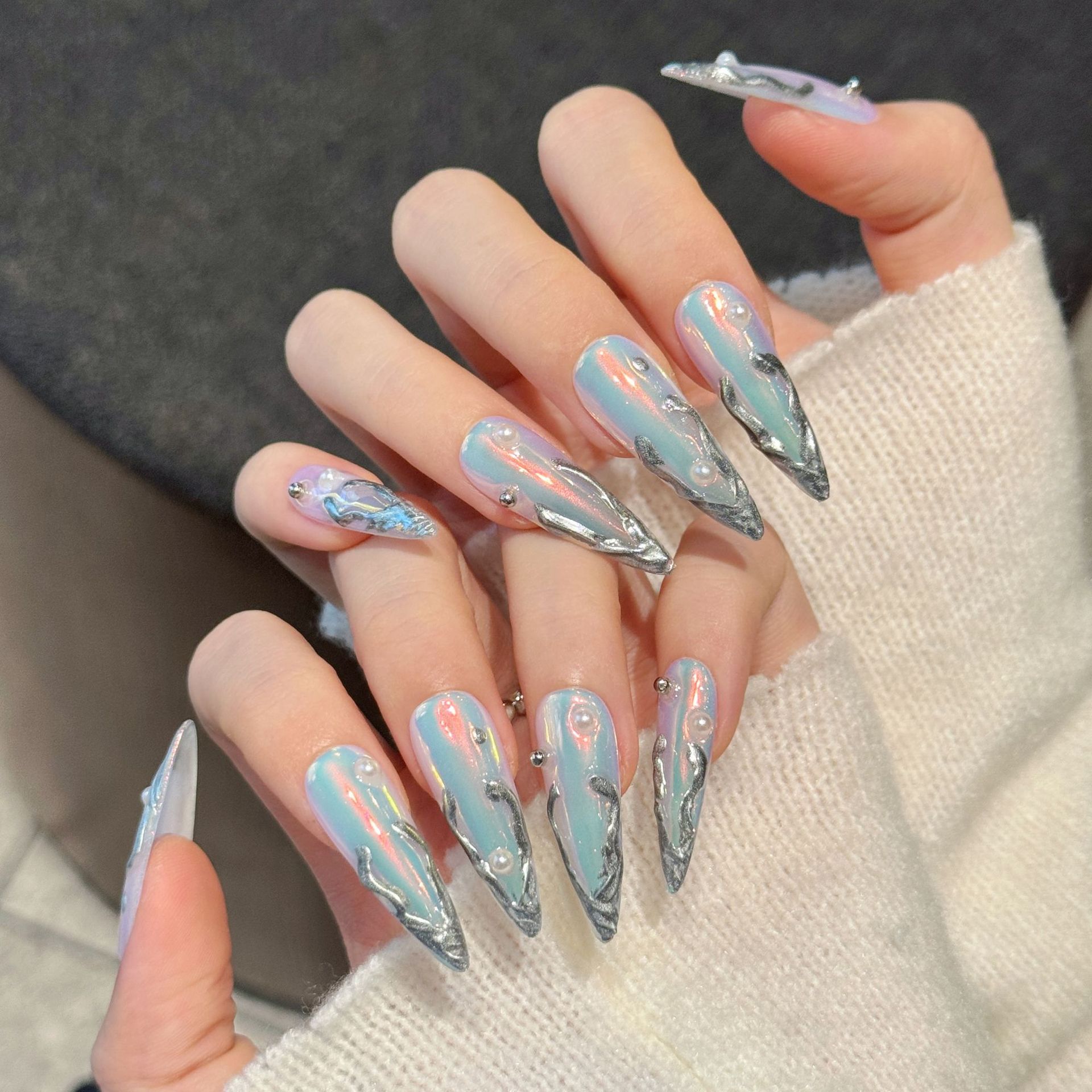 10pcs Silver Aurora Long Stile - Nail Art Aesthetic 리뷰 및 가격