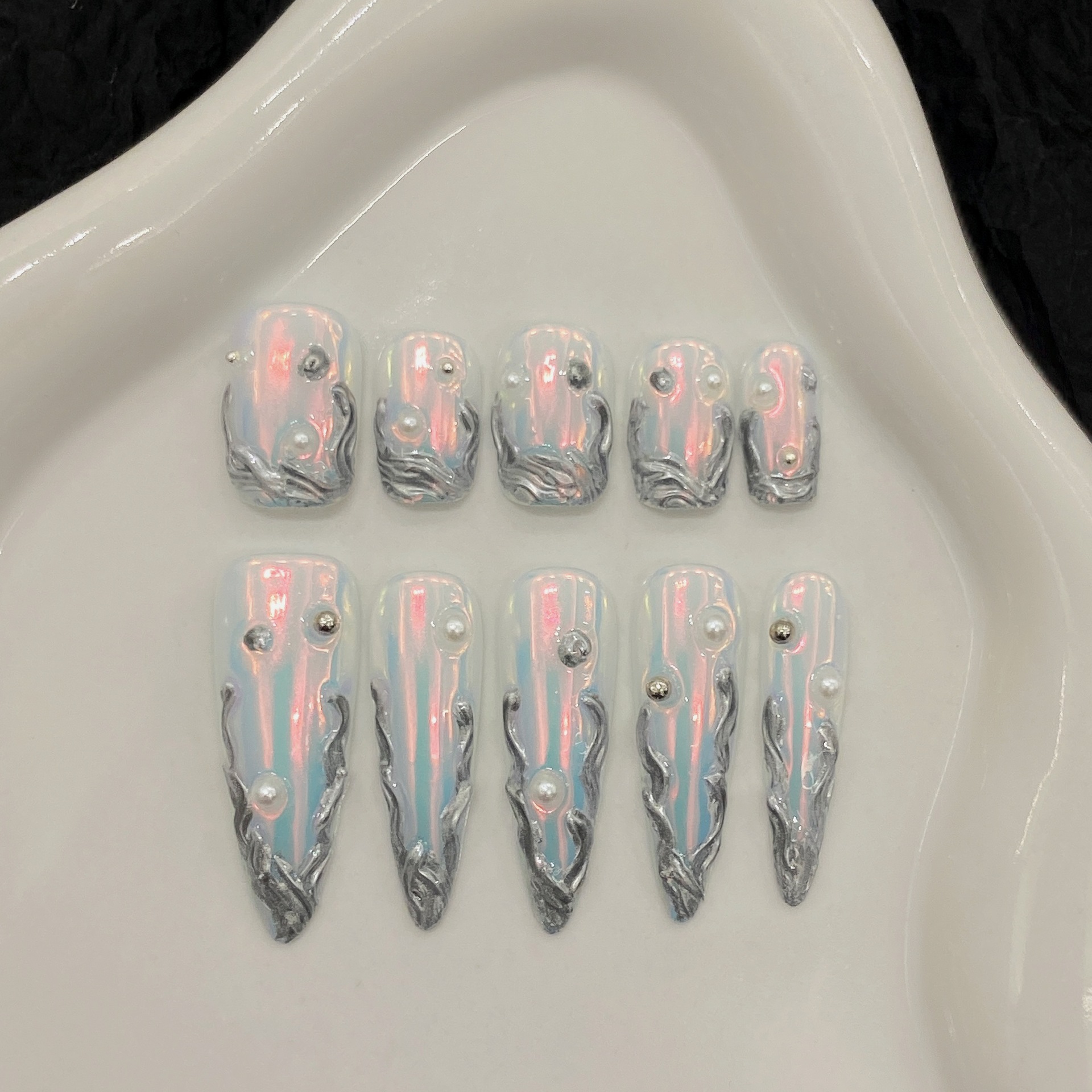 10pcs Silver Aurora Long Stile - Nail Art Aesthetic 리뷰 및 가격